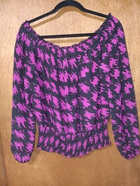 Off-Shoulder Pink and Black Smocked Waist Blouse